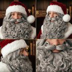 Four close-ups of the grey beard and wig worn with a Santa costume
