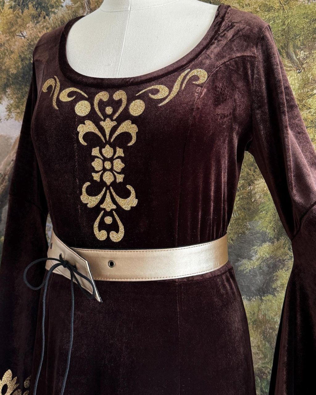 Brown Velvet Medieval Dress with Bell Sleeves and Gold Trim | Elven Cosplay Costume