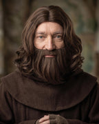 Brown beard and wig set worn with a brown hooded cowl