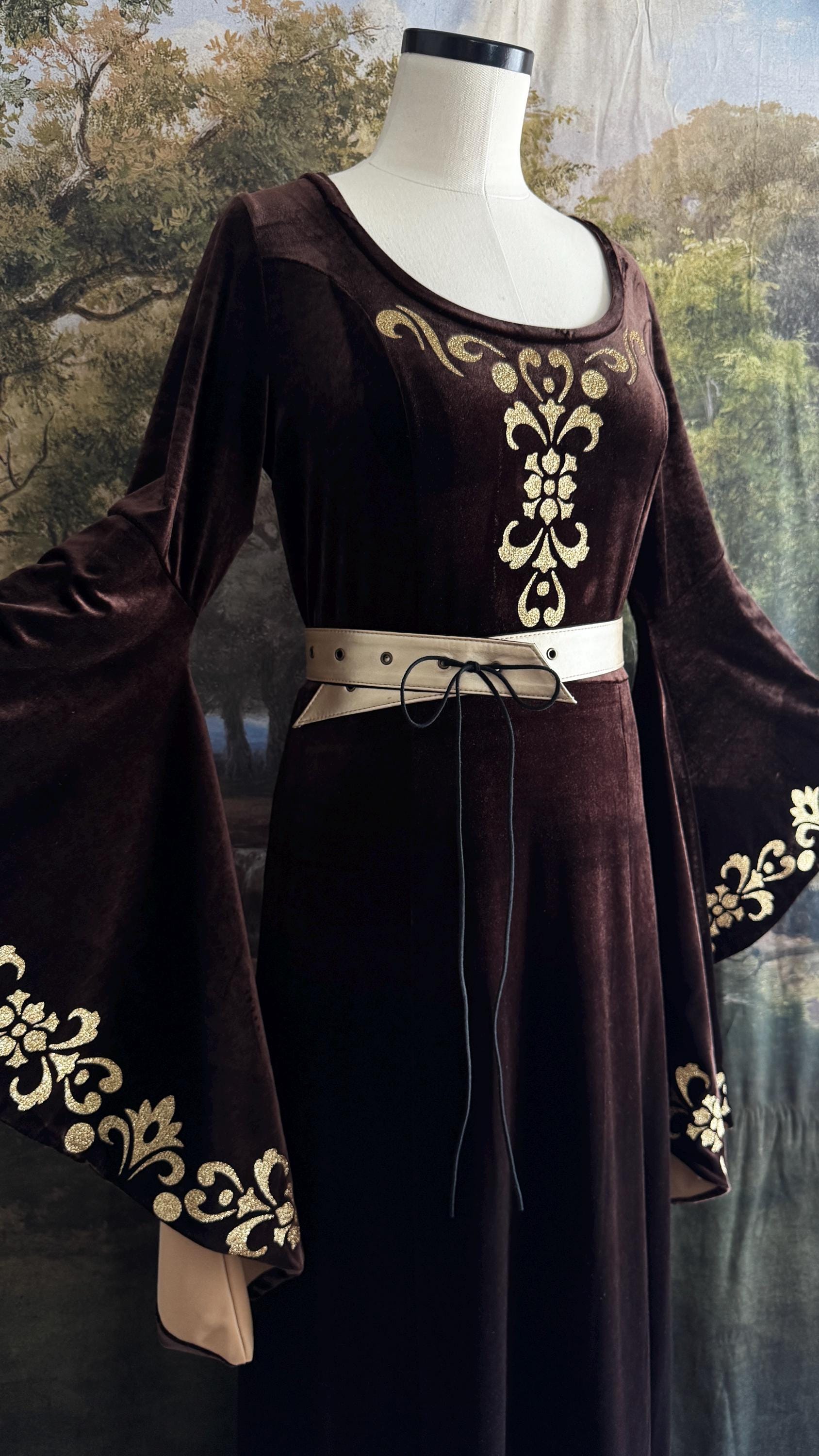 Brown Velvet Medieval Dress with Bell Sleeves and Gold Trim | Elven Cosplay Costume