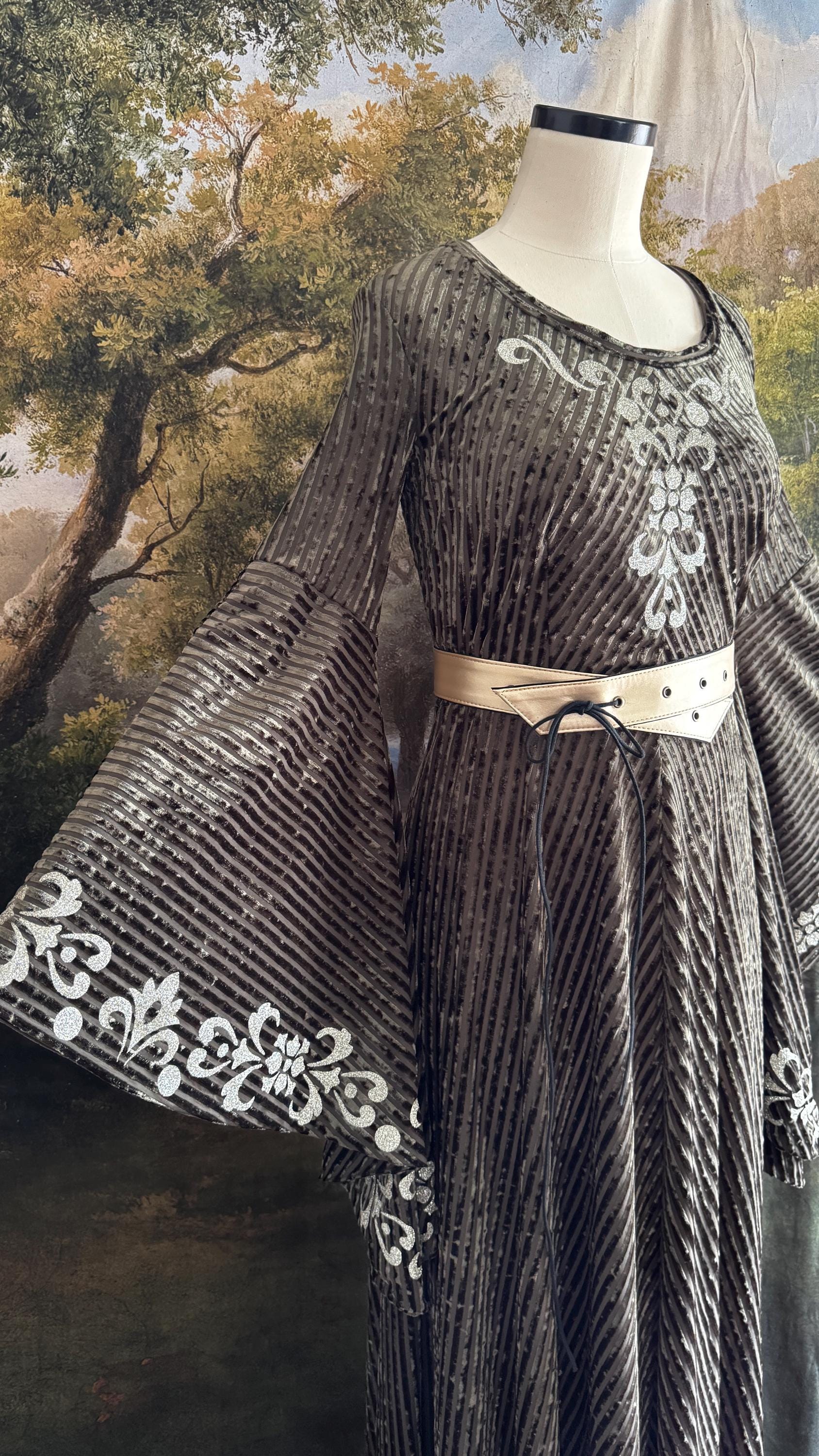 Sage Green Velvet Medieval Dress | Bell Sleeves, Lace-Up Corset Back, Elven Costume