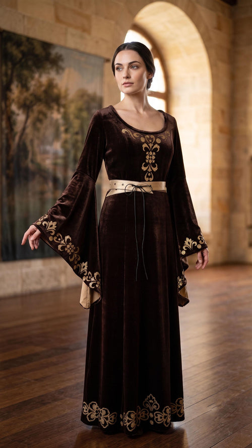 Brown Velvet Medieval Dress with Bell Sleeves and Gold Trim | Elven Cosplay Costume
