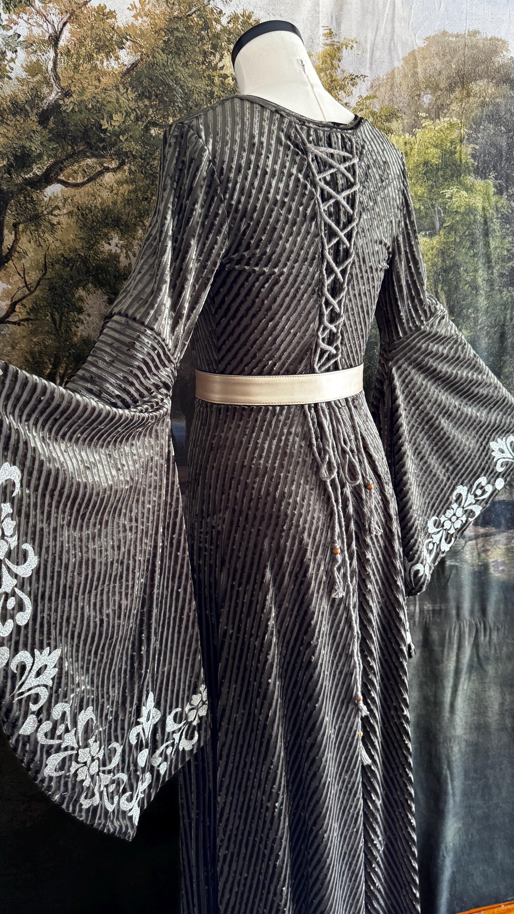 Sage Green Velvet Medieval Dress | Bell Sleeves, Lace-Up Corset Back, Elven Costume