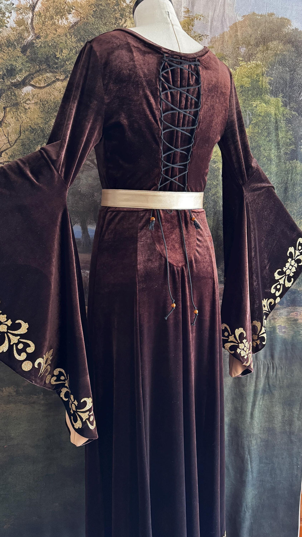 Brown Velvet Medieval Dress with Bell Sleeves and Gold Trim | Elven Cosplay Costume