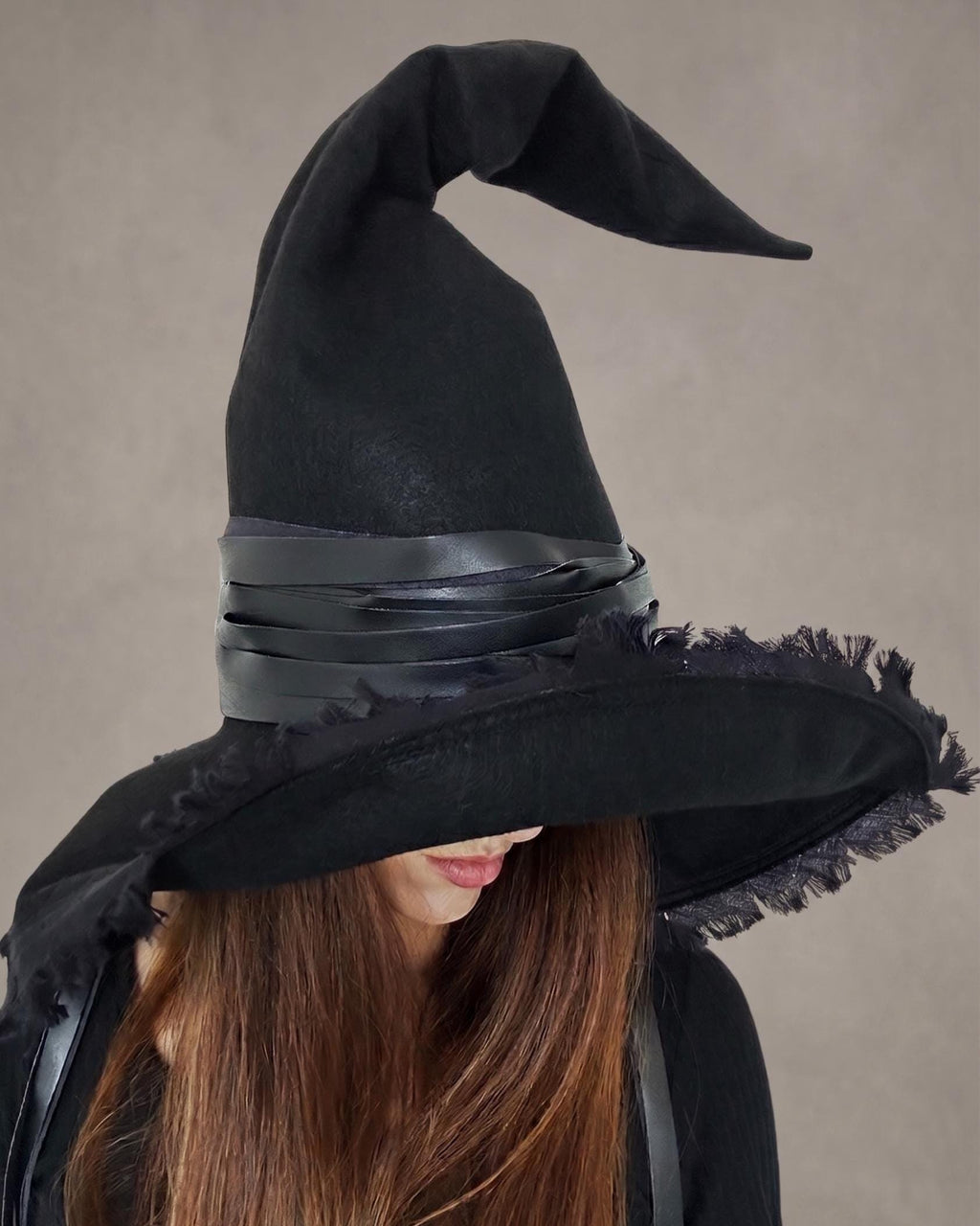 Handmade Black Pointed Witch Hat | Frayed Edge, Ribbon Accents, Gothic Costume