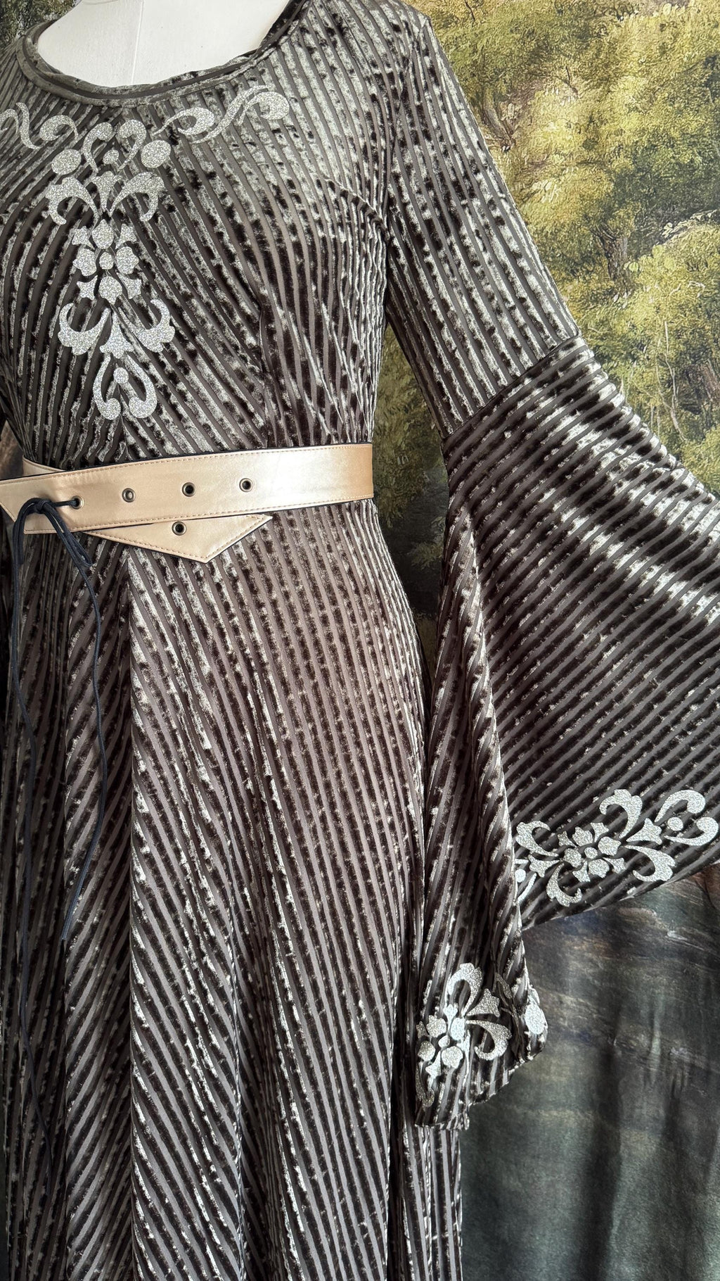 Sage Green Velvet Medieval Dress | Bell Sleeves, Lace-Up Corset Back, Elven Costume