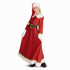 Red corduroy Mrs. Claus dress with white fur cuffs and cap